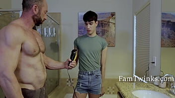 Stepson assists dad in grooming his pubes in a timid manner