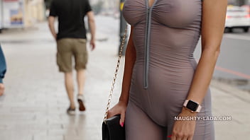 Wife's public showcase of bareness in translucent jumpsuit
